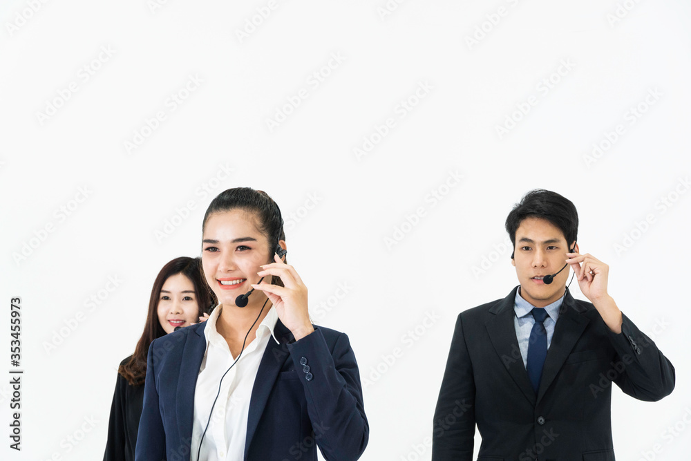 Young Asian business call center man and woman with headset ready to work for customer support on white background to put text message or copy space. Consulting telemarketing and assistance service Young Asian business call center man and woman with headset ready to work for customer support on white background to put text message or copy space. Consulting telemarketing and assistance service
