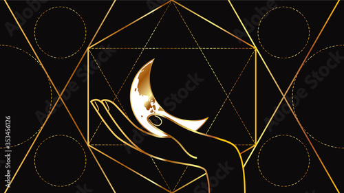 One hand holds the crescent. Flat image of the moon on a black background with a geometric golden pattern. Astrological signs.