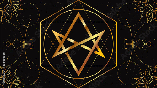 Aquarius Star. Occult signs of golden color on a black background with geometric ornament. A symbol of knowledge of magic and power. photo