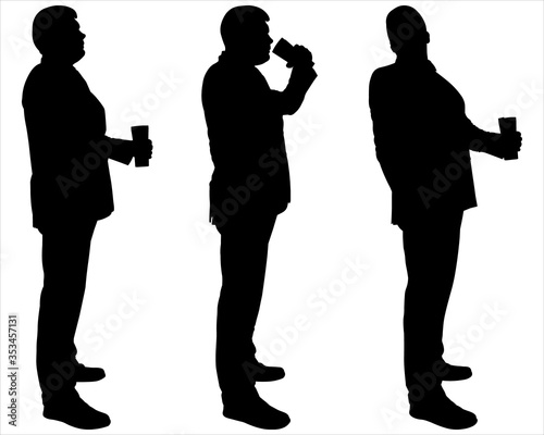 Businessman stands still. Office workers stand behind each other, in one line. Young guy in a business suit. Man with a thermo-mug. Vector.