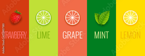 Fruit mint lime lemon or grape juice sticker flavor icon. Fruit logo label vitamin