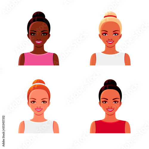 Smiling girls with various hairstyles. Afro-American, blonde, brunette, ginger women. Avatar faces set. Vector cartoon isolated illustrations.