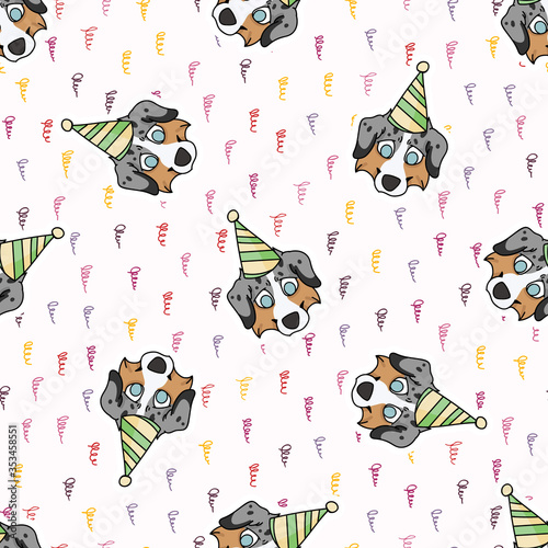 Hand drawn cute australian shepherd puppy face with party hat seamless vector pattern. Purebred pedigree domestic celebration background. Dog lover Australia pet all over print. Kennel pooch. EPS 10.  photo