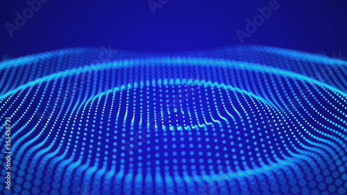 Abstract blue futuristic background. Big data visualization. Digital dynamic wave of particles. 3D rendering.
