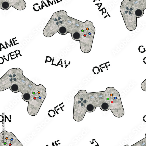 Game goystick camouflage with text play, game, on, off, start, game over on white background. Seamless pattern