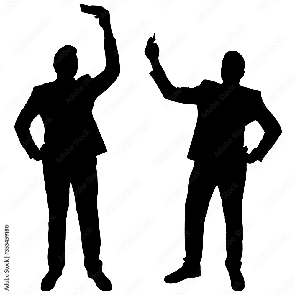 Man takes a selfie. Vector illustration two male silhouettes are actively photographing. Businessman in a suit. Photo lover. Looking at the camera of his phone. Black silhouette on a white background.