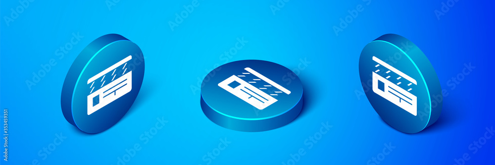Isometric Movie clapper icon isolated on blue background. Film clapper board. Clapperboard sign. Cinema production or media industry. Blue circle button. Vector Illustration. Isometric Movie clapper icon isolated on blue background. Film clapper board. Clapperboard sign. Cinema production or media industry. Blue circle button. Vector Illustration.