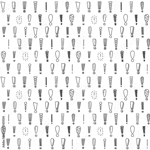 Vector seamless pattern with exclamation point. Doodle, sketch, cartoon style. Black and white simple background design. Hazard warning hand draw symbol. Vector seamless pattern on white background