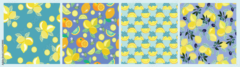 Fototapeta premium Set of seamless patterns with leaves, flowers and lemons.