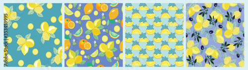 Set of seamless patterns with leaves, flowers and lemons.