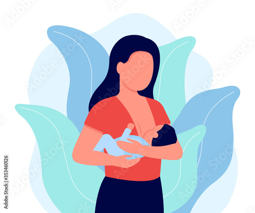 Breastfeeding, mother feeding newborn baby with breast in hands. Child boy drinks milk from the female breast. Breast feeding, happy mother day. Lactation. Vector illustration