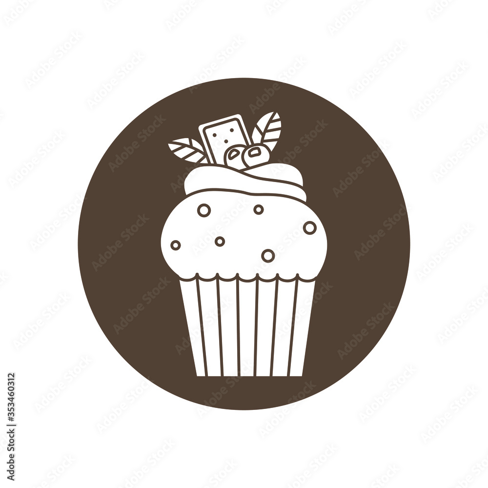 Vector silhouette cupcake in brown circle isolated on white background. Food design elements for the menu, bakery logo, web, postcards.