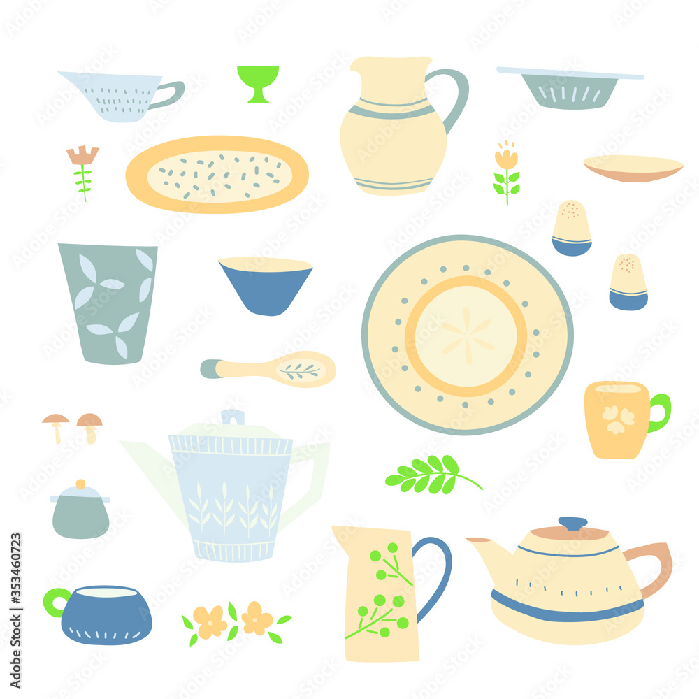Handmade home cookware set:  plates, cups, jugs, teapots. Beige blue tones, simple handmade patterns