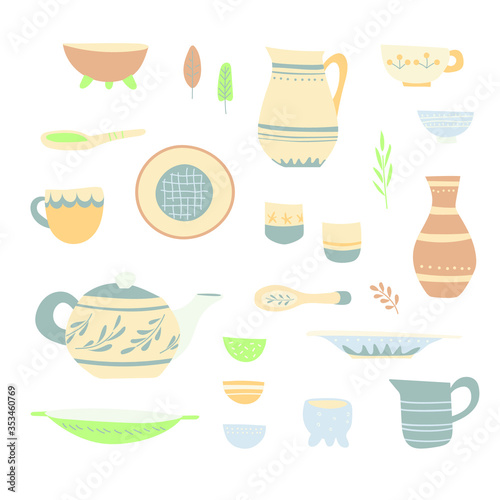 Set of handicraft dishes: bowls, cups, jugs, a teapot and etc. Simple handmade patterns