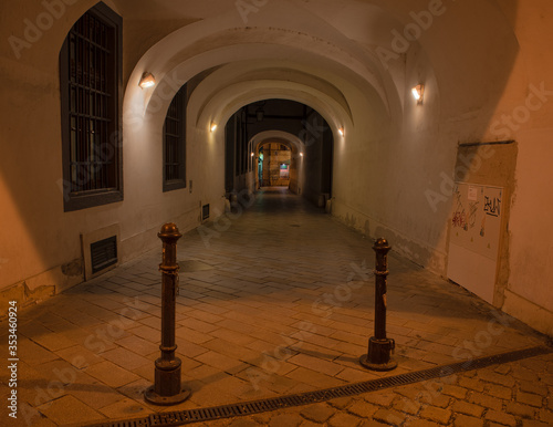 Photography Passage in Bratislava downtown, capital of Slovakia during night.