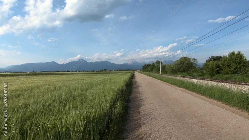 Walking on countryside narrow asphalt road. Farming field with growing vegetation. Railroad tracks on right side. Flatland basin. Alps mountains in background. Wide shot, forward dolly moving