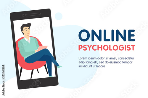 Psychologist online concept. Psychotherapy, psychological help, psychiatrist online consulting. Vector flat cartoon illustration