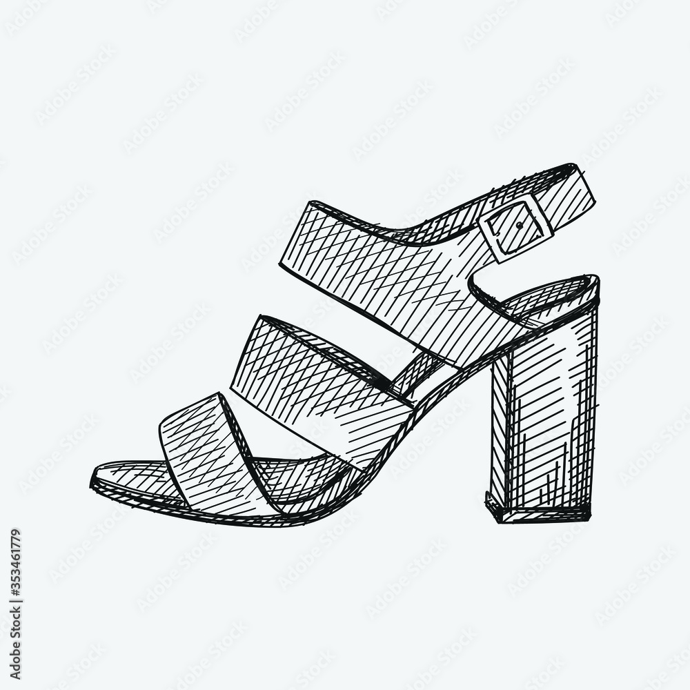 Hand-drawn sketch of women shoes. Open Toe Sandals. Stylish and fashionable shoes. Shoes for walking. Feet accessories. Hand-drawn sketch of women shoes. Open Toe Sandals. Stylish and fashionable shoes. Shoes for walking. Feet accessories.