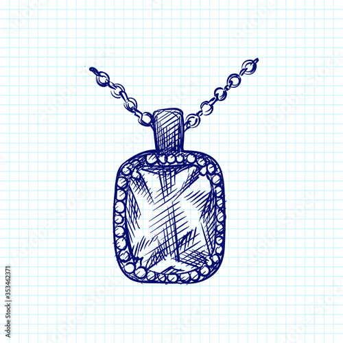 Hand-drawn sketch of decorative antique jewellery. Beautiful vintage necklace with pendant on a white background. Antique accessories. Old bijouterie.
