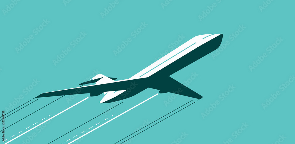 Flying airplane in sky. Air transportation, airline vector illustration - obrazy, fototapety, plakaty 