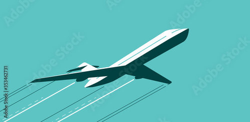 Flying airplane in sky. Air transportation, airline vector illustration