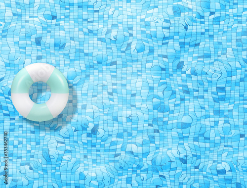 Pool float, ring floating in a refreshing blue swimming pool with palm tree leaf shadows in water
