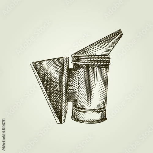 Hand-drawn sketch beekeeping tools. Bee smoker on vintage background. Honeybees. Beekeeping and harvesting honey