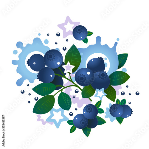 Blueberry with leafs, creamy background element and smoothie splashes 