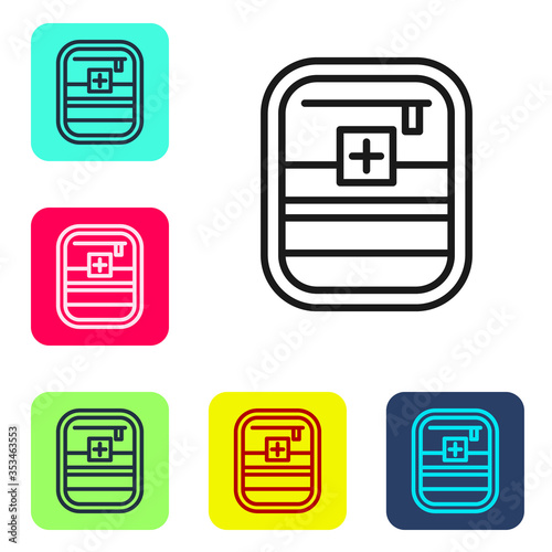 Black line First aid kit icon isolated on white background. Medical box with cross. Medical equipment for emergency. Healthcare concept. Set icons in color square buttons. Vector Illustration.