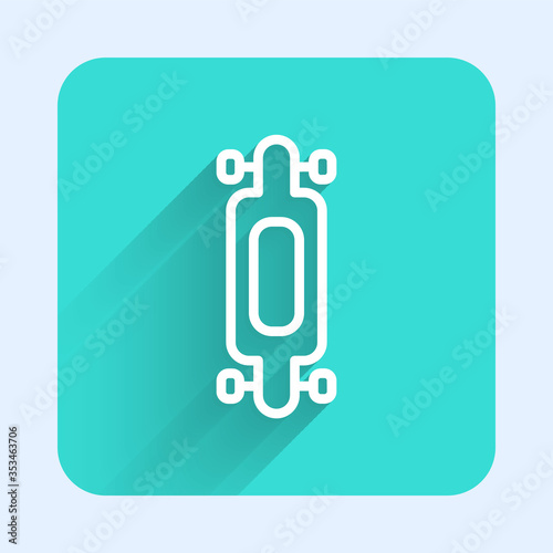 White line Longboard or skateboard cruiser icon isolated with long shadow. Extreme sport. Sport equipment. Green square button. Vector Illustration.