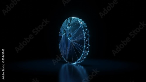 3d rendering seamless loop 4k rotation wireframe neon glowing symbol of bowling ball with shining dots on black background with blured reflection on floor