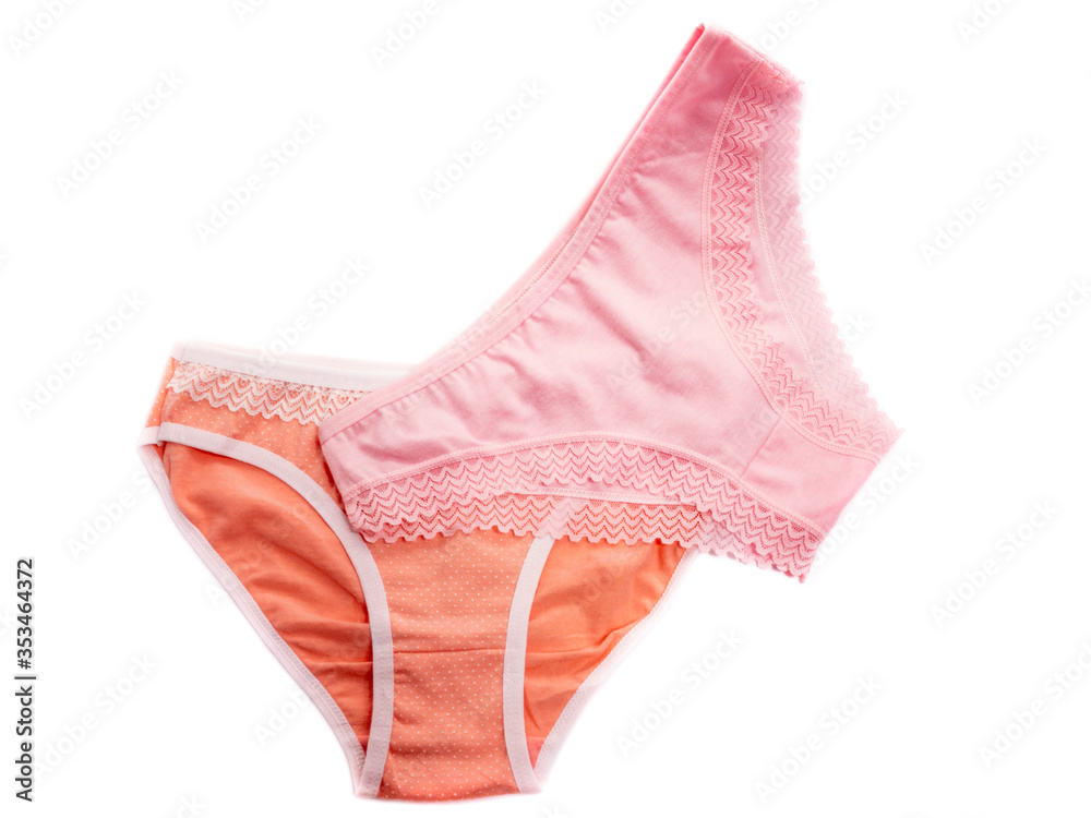 Set of panties isolated on a white background. Panties for the girl. Kit of women's panties. Pink underwear. - obrazy, fototapety, plakaty 