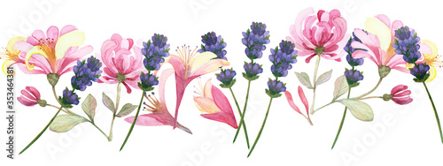 Watercolor hand painted nature floral line banner composition with pink honeysuckle, purple lavender blossom flowers and green leaves on branches bouquet on the white background for design elements