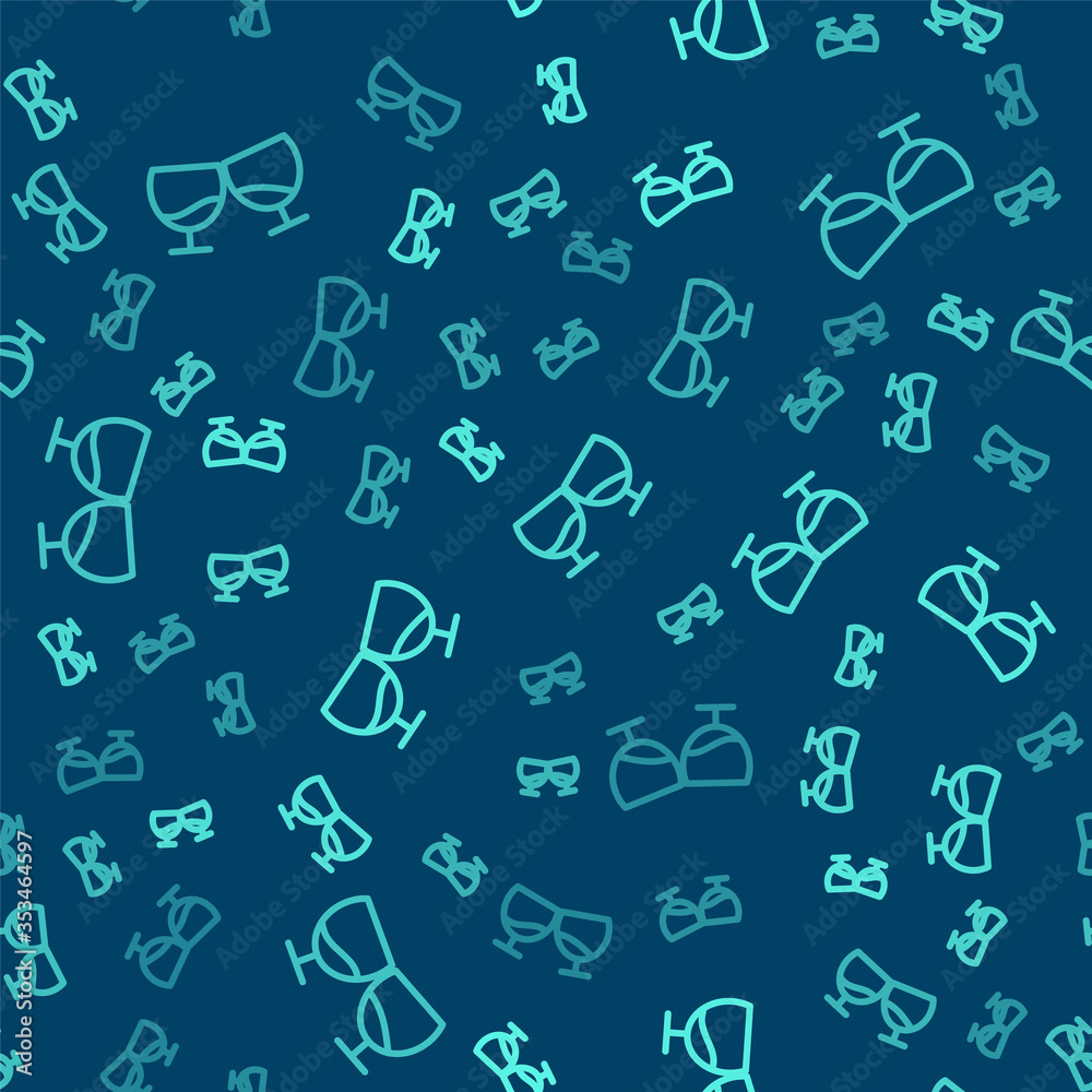 Green line Glass of cognac or brandy icon isolated seamless pattern on blue background. Vector Illustration. Green line Glass of cognac or brandy icon isolated seamless pattern on blue background. Vector Illustration.