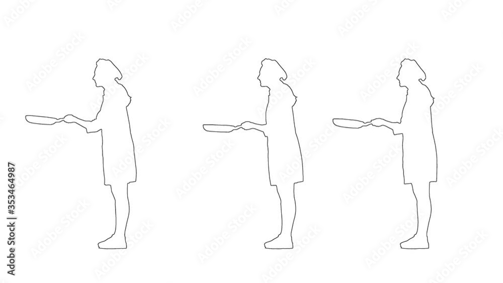 Outline sketch of of chef female in uniform roasting pancakes isolated on white background. Silhouette. Side view. 3 in 1 Outline sketch of of chef female in uniform roasting pancakes isolated on white background. Silhouette. Side view. 3 in 1