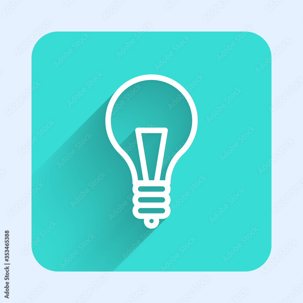 White line Light bulb with concept of idea icon isolated with long shadow. Energy and idea symbol. Inspiration concept. Green square button. Vector Illustration. White line Light bulb with concept of idea icon isolated with long shadow. Energy and idea symbol. Inspiration concept. Green square button. Vector Illustration.