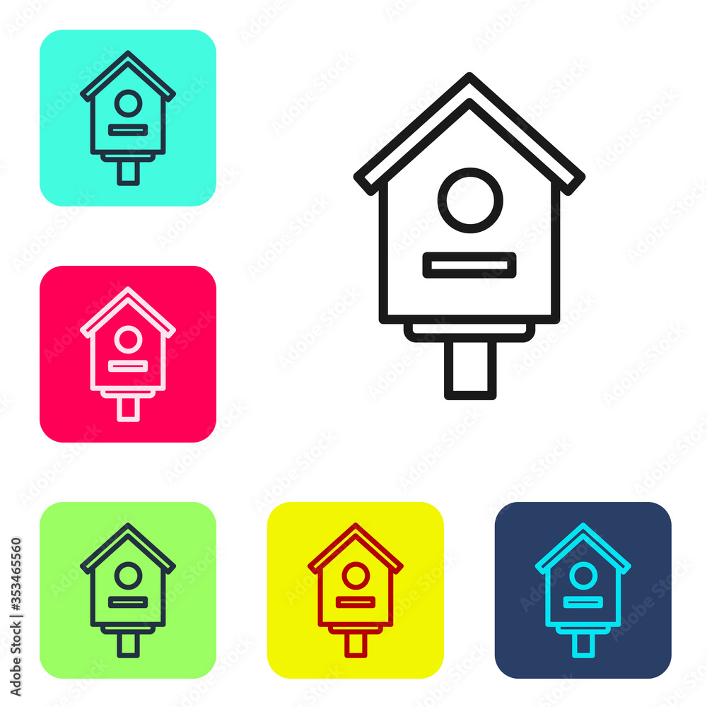 Black line Bird house icon isolated on white background. Nesting box birdhouse, homemade building for birds. Set icons in color square buttons. Vector Illustration. Black line Bird house icon isolated on white background. Nesting box birdhouse, homemade building for birds. Set icons in color square buttons. Vector Illustration.