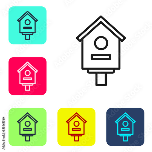 Black line Bird house icon isolated on white background. Nesting box birdhouse, homemade building for birds. Set icons in color square buttons. Vector Illustration.
