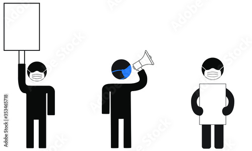 Protesters wearing masks and holding signs and yelling into megaphone to protest or for political demonstration Vector illustration concept. 