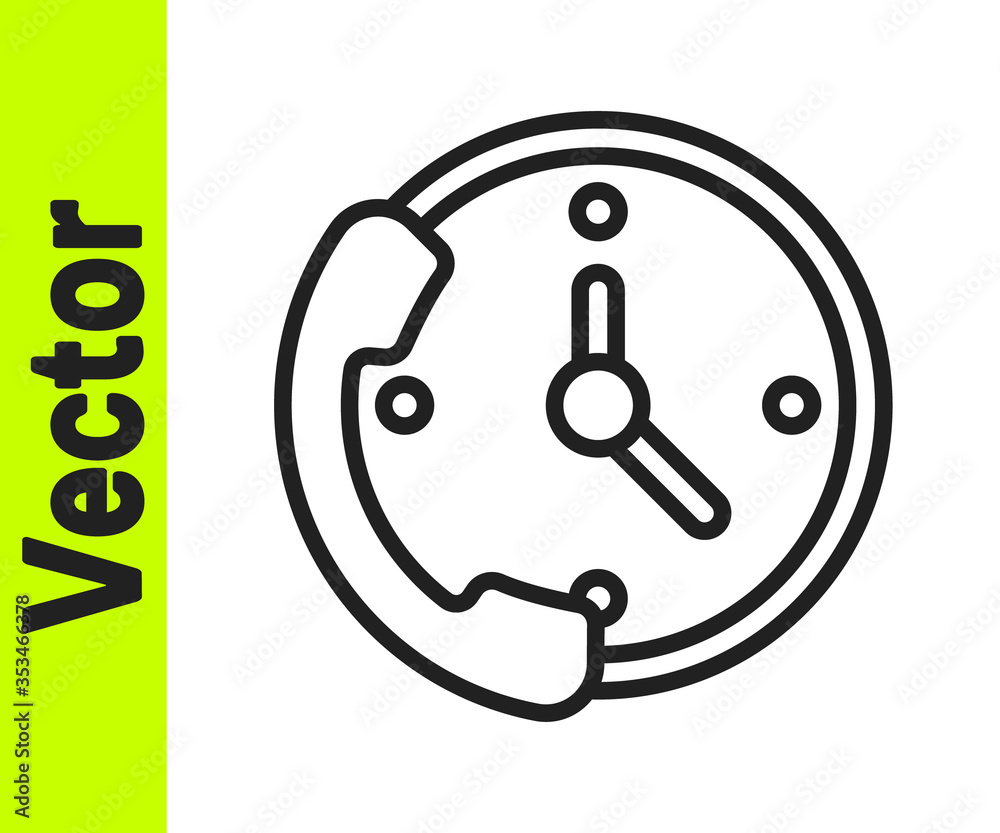 Black line Telephone 24 hours support icon isolated on white background. All-day customer support call-center. Full time call services. Vector Illustration. Black line Telephone 24 hours support icon isolated on white background. All-day customer support call-center. Full time call services. Vector Illustration.
