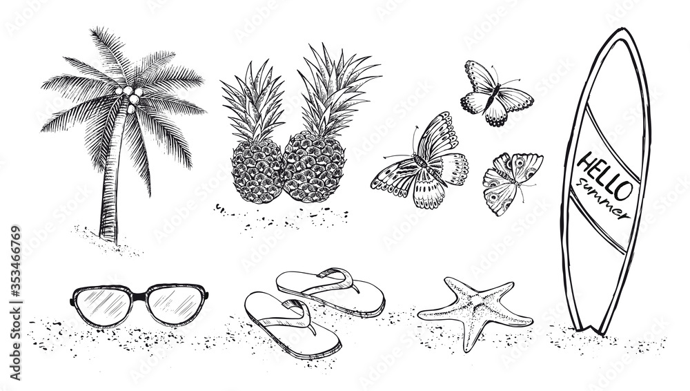 Obraz premium Hello Summer, palm tree, glasses, pineapple. Hand drawn illustration. 