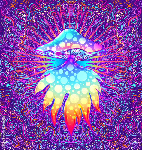 Magic mushrooms seamless pattern. Psychedelic hallucination. Vibrant vector illustration. 60s hippie colorful art.