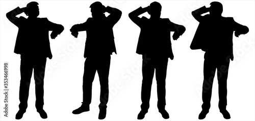 Late guys. Hurrying people. Businessmen stand still and look at the wristwatch. Four black male silhouettes isolated on a white background. Young guys in business suits. Office workers. Vector.