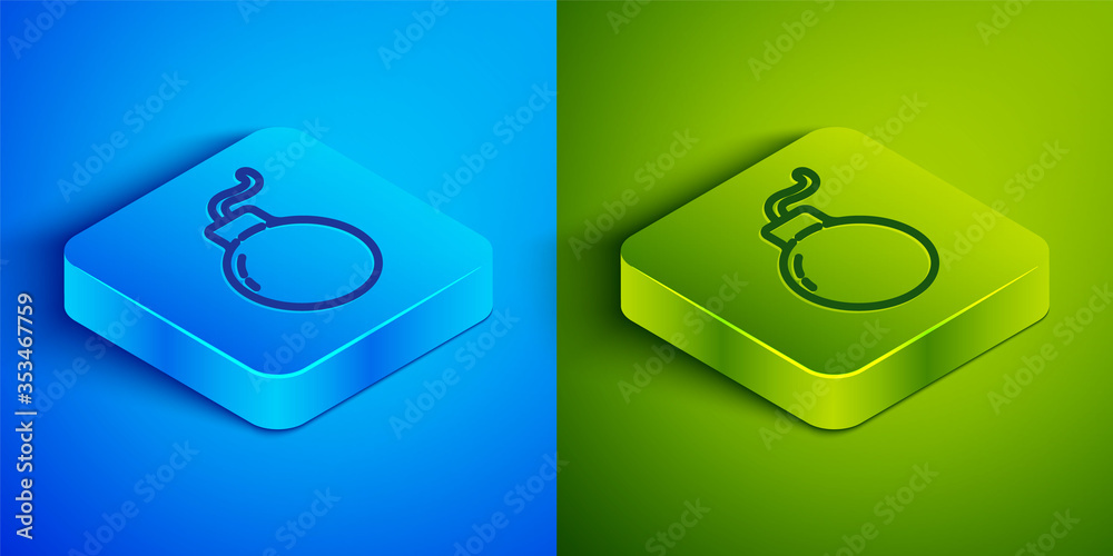 Isometric line Bomb ready to explode icon isolated on blue and green background. Square button. Vector Illustration. Isometric line Bomb ready to explode icon isolated on blue and green background. Square button. Vector Illustration.