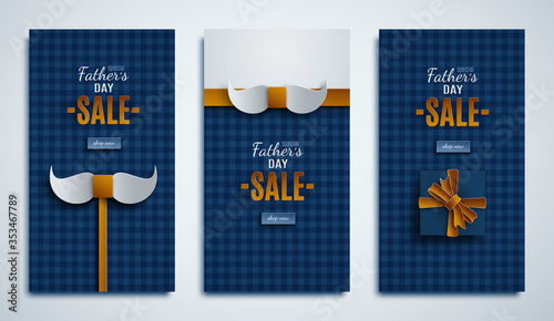Fathers Day sale banner set. Concept for poster, flyer, banner. Holiday design, blue background, gift box, golden paper cut ribbon, bow tie knot, mustache, paper cut out art style, vector illustration