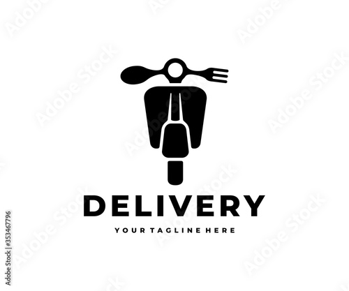 Delivery food, scooter motorcycle with fork and spoon, logo design. Transport, restaurant, meal and catering, vector design and illustration
