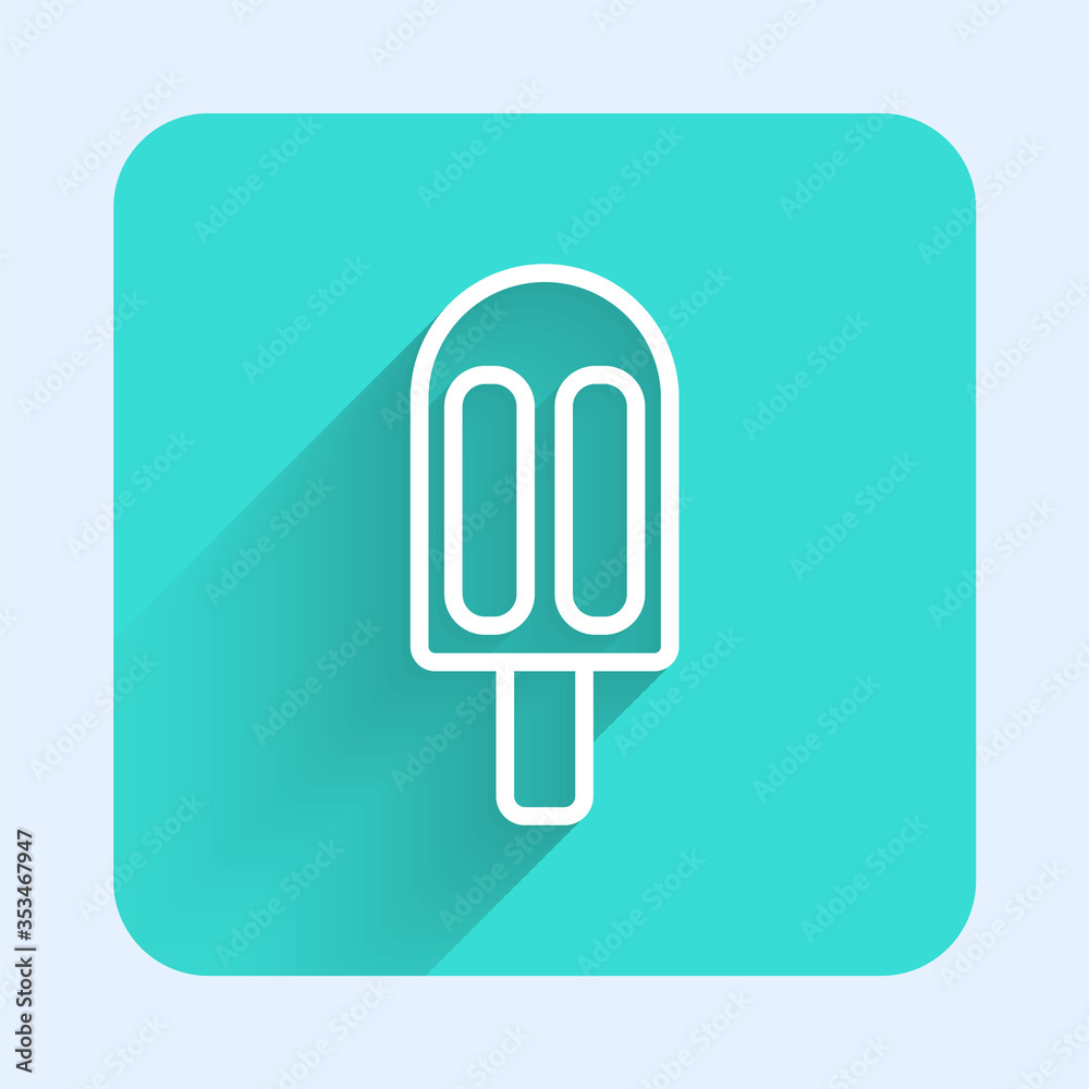 White line Ice cream icon isolated with long shadow. Sweet symbol. Green square button. Vector Illustration. White line Ice cream icon isolated with long shadow. Sweet symbol. Green square button. Vector Illustration.