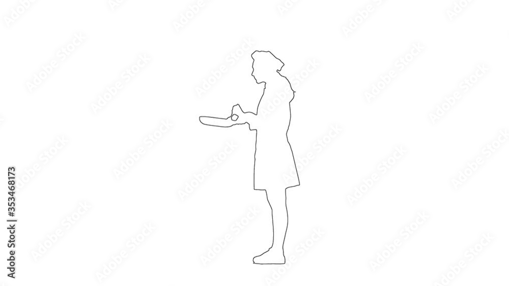 Outline sketch of cook girl trying dish isolated on white background. Silhouette. Side view Outline sketch of cook girl trying dish isolated on white background. Silhouette. Side view