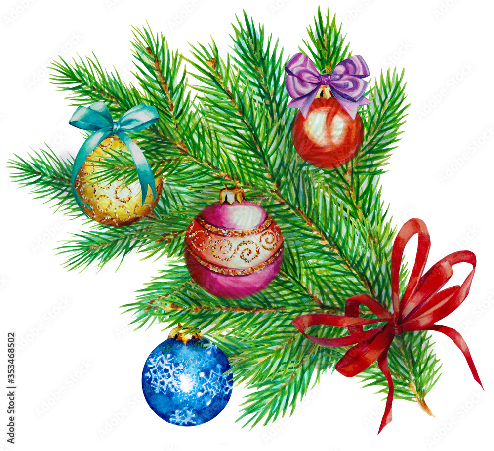 Branches of a Christmas tree with balls and bows, watercolor. Branches of a Christmas tree with balls and bows, watercolor.