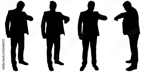 Businessman stands still and looks at the wristwatch. Four black male silhouettes isolated on a white background. Young guy in a business suit. Waiting for opening. Big businessman. Security guard.